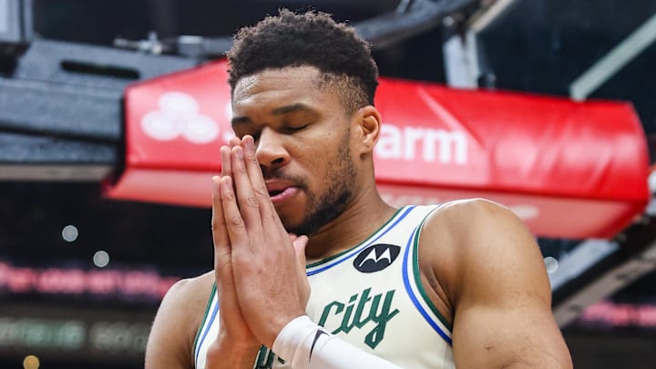 Jan 19, 2026; Atlanta, Georgia, USA; Milwaukee Bucks forward Giannis Antetokounmpo (34) before the game against the Atlanta Hawks at State Farm Arena. Mandatory Credit: Jordan Godfree-Imagn Images