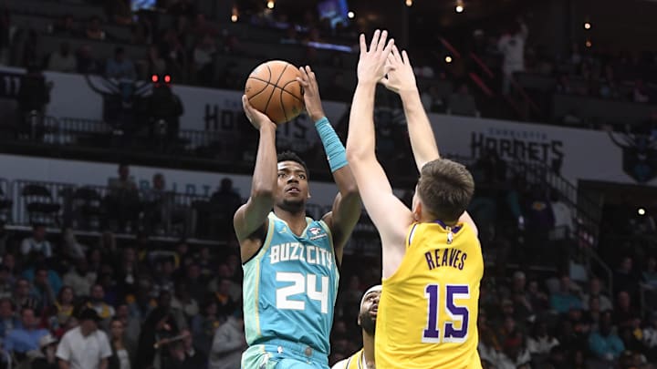 Feb 5, 2024; Charlotte, North Carolina, USA;  Charlotte Hornets forward Brandon Miller (24) drives