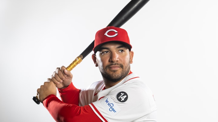 Feb 18, 2025; Goodyear, AZ, USA; Cincinnati Reds catcher Jose Trevino poses for a portrait during Media Day at the Cincinnati Reds Development Complex. Mandatory Credit: Mark J. Rebilas-Imagn Images