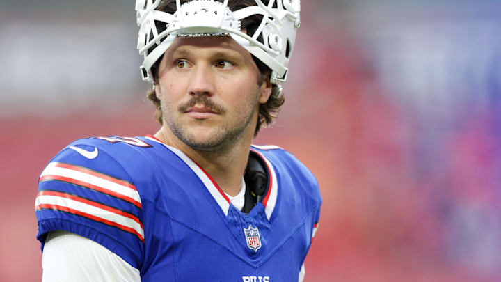 Buffalo Bills quarterback Josh Allen (17) warms up before a game against the Tampa Bay Buccaneers at Raymond James Stadium.