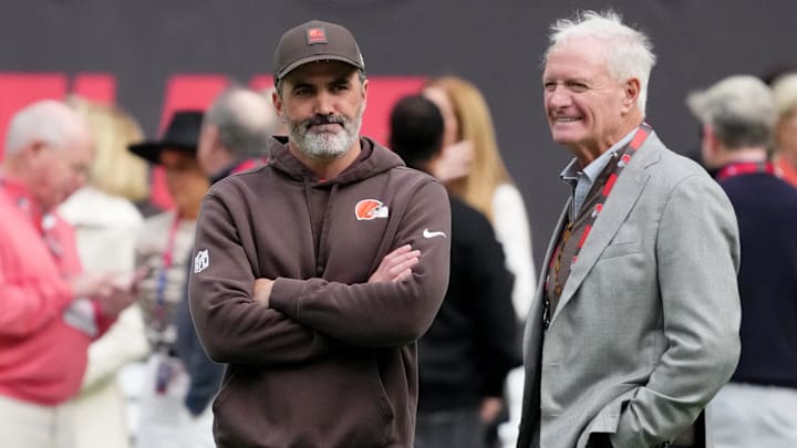 Oct 5, 2025; Tottenham, United Kingdom; Cleveland Browns head coach Kevin Stefanski with owner Jimmy Haslam before an NFL International Series game between the Minnesota Vikings and the Cleveland Browns at Tottenham Hotspur Stadium. Mandatory Credit: Kirby Lee-Imagn Images