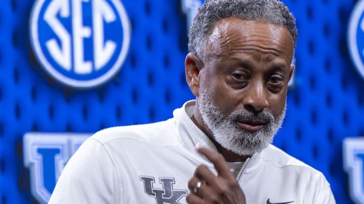 Oct 14, 2025; Birmingham, AL, USA; Kentucky Wildcats head coach Kenny Brooks talks with the media during SEC Media Days at Grand Bohemian Hotel. Mandatory Credit: Vasha Hunt-Imagn Images