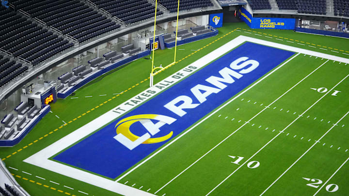 Dec 28, 2024; Inglewood, California, USA; The Los Angeles Rams logo in the end zone at SoFi Stadium. Mandatory Credit: Kirby Lee-Imagn Images Dec 28, 2024; Inglewood, California, USA; The Los Angeles Rams logo in the end zone at SoFi Stadium. Mandatory Credit: Kirby Lee-Imagn Images