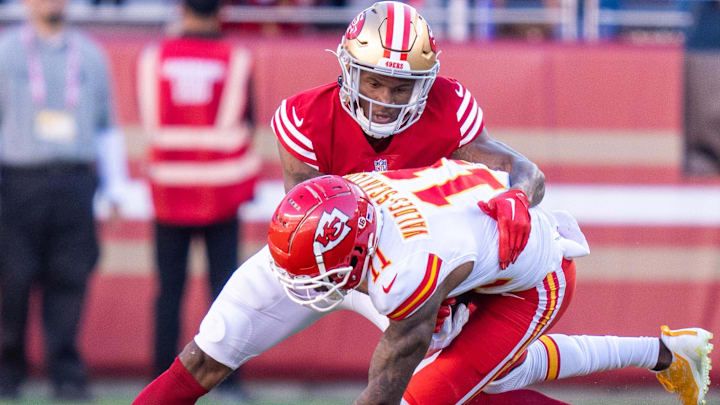 October 23, 2022; Santa Clara, California, USA; San Francisco 49ers cornerback Charvarius Ward (7) tackles Kansas City Chiefs wide receiver Marquez Valdes-Scantling (11) during the fourth quarter at Levi's Stadium. Mandatory Credit: Kyle Terada-Imagn Images