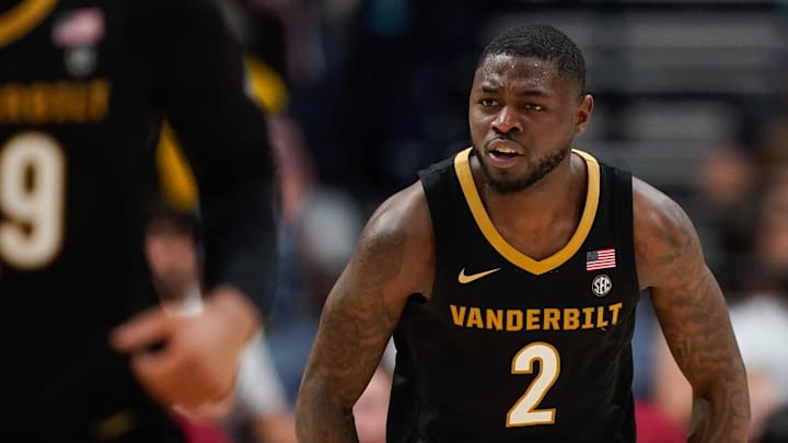 Vanderbilt guard Duke Miles (2) had a series of steals and shots toward the end of the first half of the SEC tournament championship game against Arkansas at Bridgestone Arena in Nashville, Tenn., Sunday, March 15, 2026.