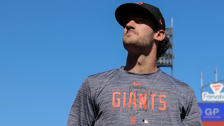 Jul 26, 2023; San Francisco, California, USA; San Francisco Giants 2023 first-round pick Bryce Eldridge before the game against the Oakland Athletics at Oracle Park.