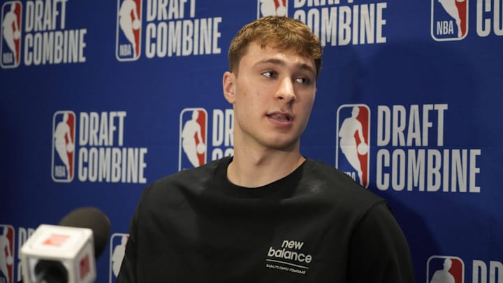 May 14, 2025; Chicago, Il, USA; Cooper Flagg talks to the media during the 2025 NBA Draft Combine at Marriott Marquis Chicago. Mandatory Credit: David Banks-Imagn Images May 14, 2025; Chicago, Il, USA; Cooper Flagg talks to the media during the 2025 NBA Draft Combine at Marriott Marquis Chicago. Mandatory Credit: David Banks-Imagn Images