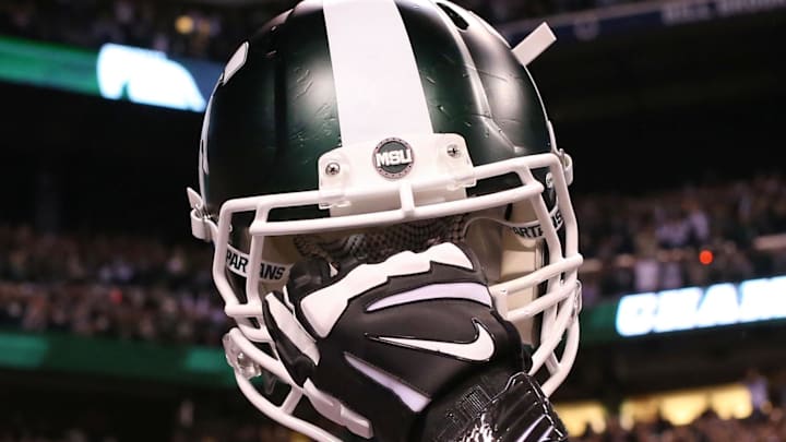 Dec 5, 2015; Indianapolis, IN, USA; A general view of a Michigan State Spartans helmet against the