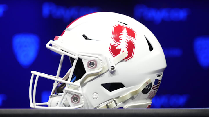 Jul 29, 2022; Los Angeles, CA, USA; Stanford Cardinal helmet during Pac-12 Media Day at Novo Theater. Mandatory Credit: Kirby Lee-Imagn Images Jul 29, 2022; Los Angeles, CA, USA; Stanford Cardinal helmet during Pac-12 Media Day at Novo Theater. Mandatory Credit: Kirby Lee-Imagn Images