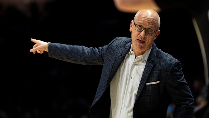 UConn Huskies head coach Dan Hurley coaches in the first half of the NCAA basketball game against the Xavier Musketeers at the Cintas Center in Cincinnati on Dec. 31, 2025.