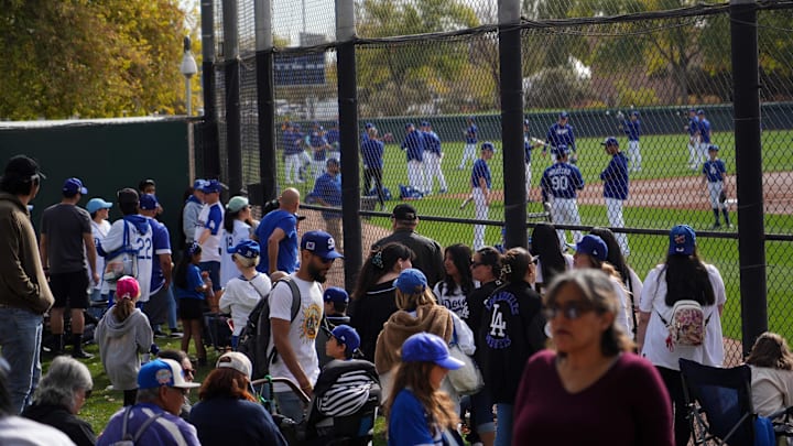 Feb 16, 2025; Glendale, AZ, USA; Fans look on during a Los Angeles Dodgers Spring Training workout at Camelback Ranch. Mandatory Credit: Joe Camporeale-Imagn Images
