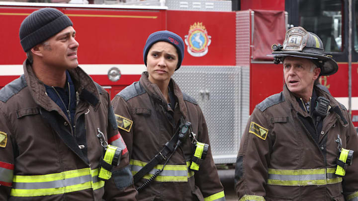 CHICAGO FIRE -- "All the Dark" Episode 12008 -- Pictured: (l-r) Taylor Kinney as Kelly Severide, Miranda Rae Mayo as Stella Kidd, David Eigenberg as Christopher Herrmann -- (Photo by: Adrian S Burrows Sr/NBC)