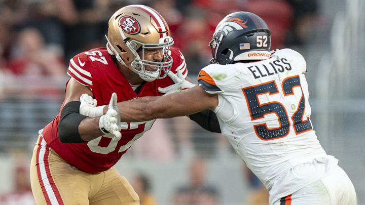 August 9, 2025; Santa Clara, California, USA; San Francisco 49ers offensive tackle Isaac Alarcon (67) blocks Denver Broncos linebacker Jonah Elliss (52) during the third quarter at Levi's Stadium. 