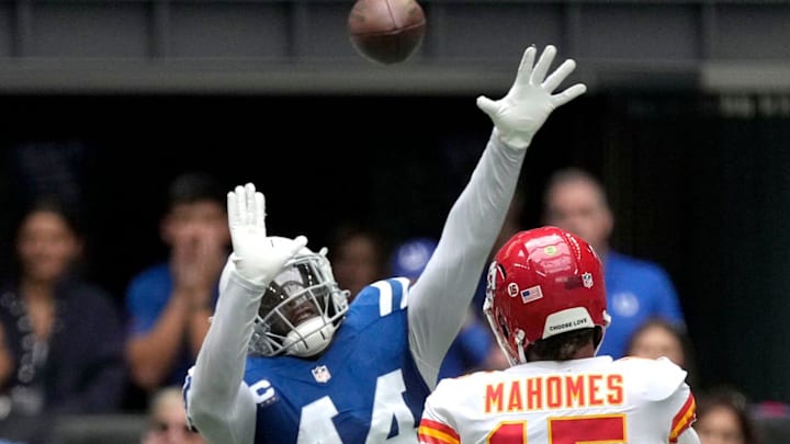 Indianapolis Colts linebacker Zaire Franklin (44) pressures Kansas City Chiefs quarterback Patrick Mahomes (15) on Sunday, Sept. 25, 2022, during a game against the Kansas City Chiefs at Lucas Oil Stadium in Indianapolis.