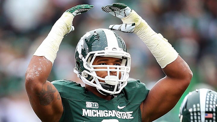 November 3, 2012; East Lansing, MI, USA; Michigan State Spartans defensive end William Gholston (2) reacts to play during 2nd half at Spartan Stadium against the Nebraska Cornhuskers. Nebraska won 28-24.    Mandatory Credit: Mike Carter-Imagn Images