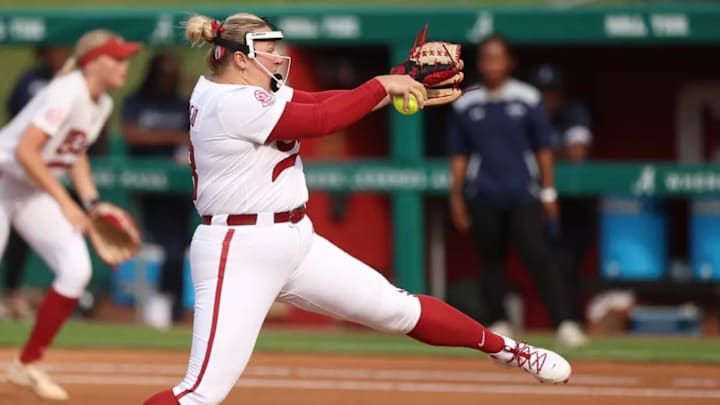 Alabama Softball Player Emily Winstead (13) pitches against Jackson State during the NCAA Softball Tuscaloosa Regional at Rhodes Stadium in Tuscaloosa, AL on Friday, May 16, 2025.