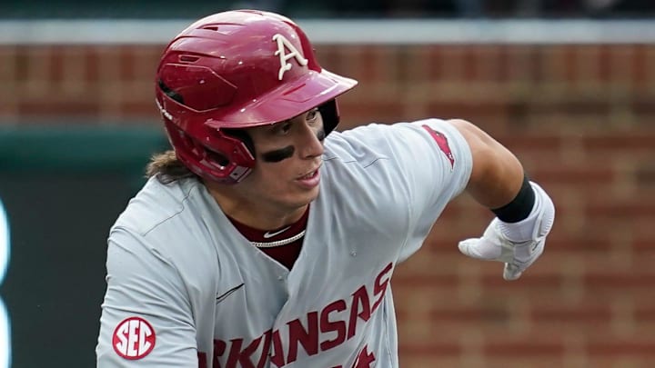 Arkansas second baseman Peyton Holt runs to first base on a two-RBI single against Vanderbilt during the fourth inning in 2023 Arkansas second baseman Peyton Holt runs to first base on a two-RBI single against Vanderbilt during the fourth inning in 2023
