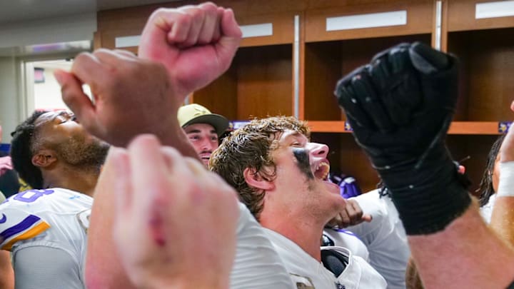 J.J. McCarthy howling during his "dog in the street" breakdown following Minnesota's win over Detroit. J.J. McCarthy howling during his "dog in the street" breakdown following Minnesota's win over Detroit.