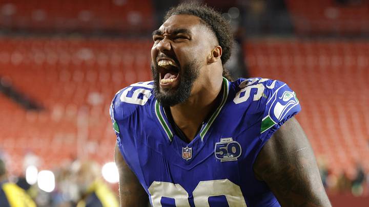 Seattle Seahawks defensive end Leonard Williams (99) reacts to the win against the Washington Commanders. Seattle Seahawks defensive end Leonard Williams (99) reacts to the win against the Washington Commanders.