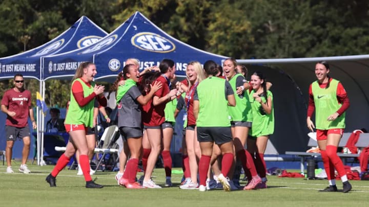 The University of Alabama Soccer team celebrates a goal against University of South Carolina during the First Round of the SEC Tournament at Ashton Brosnaham Soccer Complex in Pensacola, FL on Sunday, Nov 2, 2025.