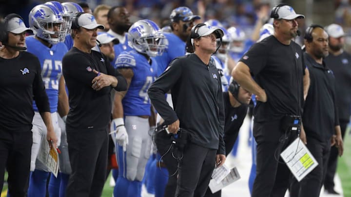 Lions Dave Fipp, special teams coordinator, left, and head coach Dan Campbell on the sidelines during the second half of the Lions' 27-23 preseason loss to the Falcons on Friday, Aug. 12, 2022, at Ford Field. Lions Dave Fipp, special teams coordinator, left, and head coach Dan Campbell on the sidelines during the second half of the Lions' 27-23 preseason loss to the Falcons on Friday, Aug. 12, 2022, at Ford Field.