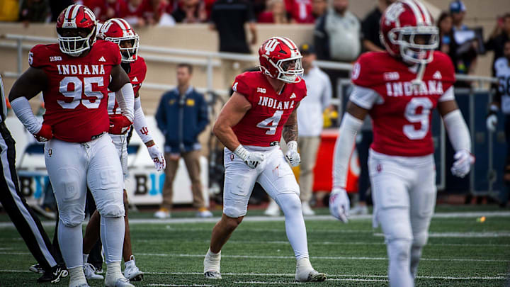 Indiana's Aiden Fisher (4) celebrates against Michigan at Memorial Stadium.