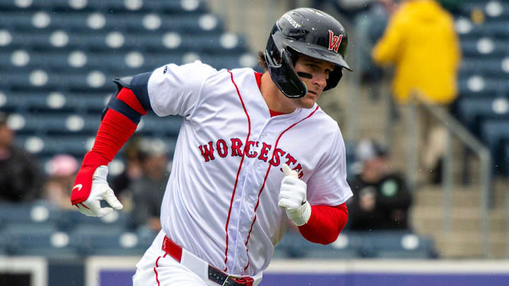 Worcester left fielder Roman Anthony runs on a fly ball against the Durham Bulls May 23.