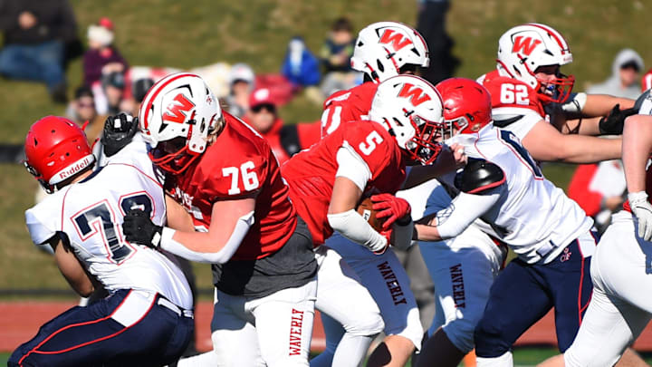 Chenango Forks' defense attempts to stop a run against Waverly in the Section IV Class C championship game in 2024.