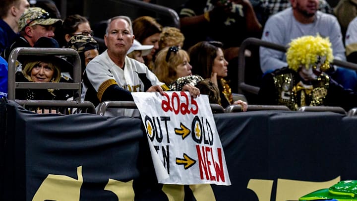 Dec 29, 2024; New Orleans, Louisiana, USA; New Orleans Saints fan shows his feelings on a sign during the game against the Las Vegas Raiders during the second half at Caesars Superdome. Mandatory Credit: Stephen Lew-Imagn Images Dec 29, 2024; New Orleans, Louisiana, USA; New Orleans Saints fan shows his feelings on a sign during the game against the Las Vegas Raiders during the second half at Caesars Superdome. Mandatory Credit: Stephen Lew-Imagn Images