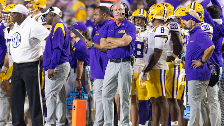 Oct 12, 2024; Baton Rouge, Louisiana, USA; LSU Tigers head coach Brian Kelly looks on during the second half against the Mississippi Rebels at Tiger Stadium. Mandatory Credit: Stephen Lew-Imagn Images Oct 12, 2024; Baton Rouge, Louisiana, USA; LSU Tigers head coach Brian Kelly looks on during the second half against the Mississippi Rebels at Tiger Stadium. Mandatory Credit: Stephen Lew-Imagn Images