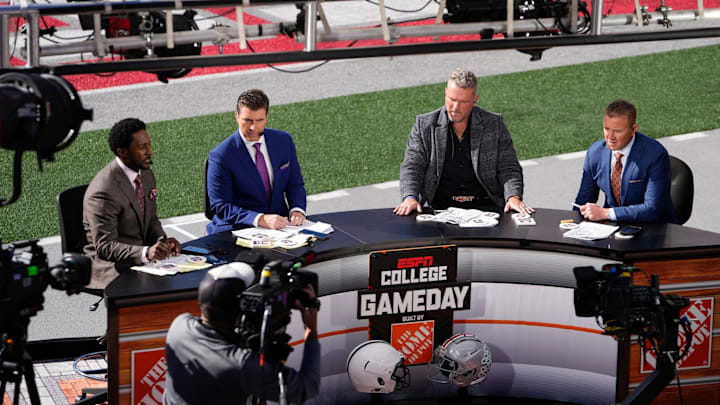 The ESPN College Gameday crew broadcasts from the field prior to the NCAA football game between the Ohio State Buckeyes and the Penn State Nittany Lions at Ohio Stadium. The ESPN College Gameday crew broadcasts from the field prior to the NCAA football game between the Ohio State Buckeyes and the Penn State Nittany Lions at Ohio Stadium.