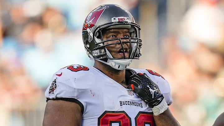 Dec 26, 2021; Charlotte, North Carolina, USA; Tampa Bay Buccaneers defensive end Ndamukong Suh (93) looks on during the second half against the Carolina Panthers at Bank of America Stadium. Mandatory Credit: Jim Dedmon-Imagn Images