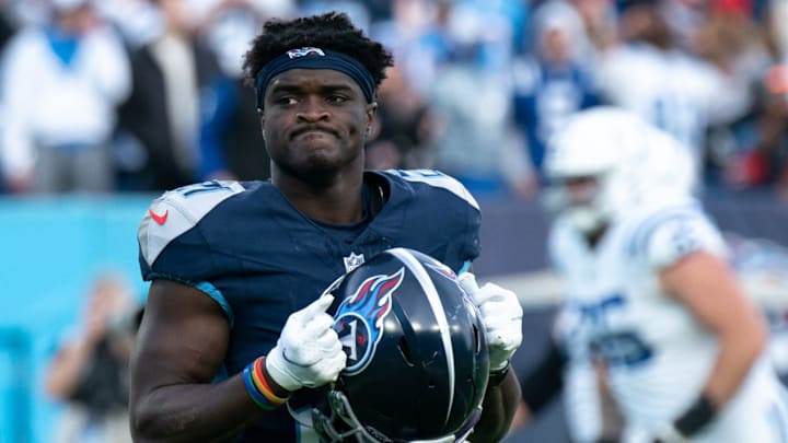 Tennessee Titans cornerback Roger McCreary (21) exits the field after the Titans lost in overtime to the Indianapolis Colts at Nissan Stadium in Nashville, Tenn., Sunday, Dec. 3, 2023.