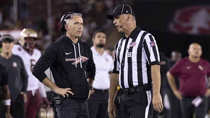 Oct 18, 2025; Stanford, California, USA;  Florida State Seminoles head coach Mike Norvell reacts to the conversation with the referee during the fourth quarter against the Stanford Cardinal at Stanford Stadium. Mandatory Credit: Stan Szeto-Imagn Images