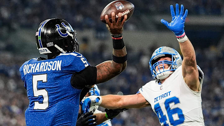 Detroit Lions linebacker Jack Campbell (46) pressures Indianapolis Colts quarterback Anthony Richardson (5) during the first half at Lucas Oil Stadium in Indianapolis, Ind. on Sunday, Nov. 24, 2024.