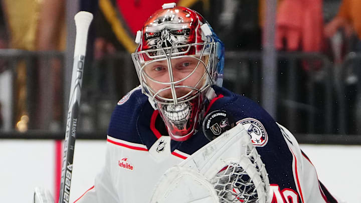 Mar 23, 2024; Las Vegas, Nevada, USA; Columbus Blue Jackets goaltender Daniil Tarasov (40) warms up before a game against the Vegas Golden Knights at T-Mobile Arena. Mandatory Credit: Stephen R. Sylvanie-Imagn Images