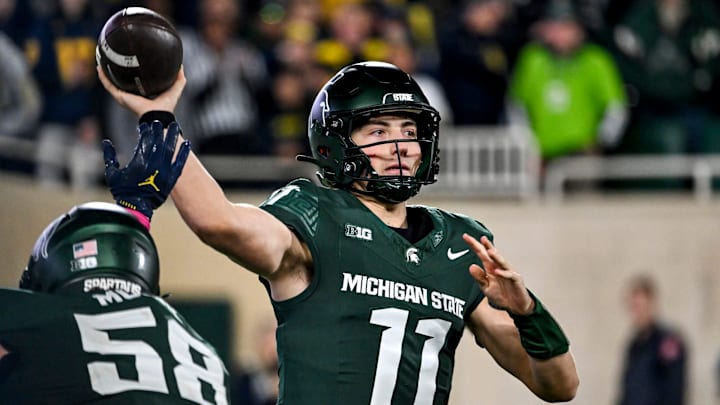 Michigan State's Alessio Milivojevic throws a pass against Michigan during the fourth quarter on Saturday, Oct. 25, 2025, at Spartan Stadium in East Lansing.