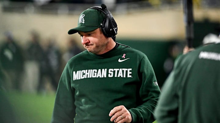 Michigan State's head coach Jonathan Smith looks on from the sideline during the fourth quarter in the game against Michigan on Saturday, Oct. 25, 2025, at Spartan Stadium in East Lansing. Michigan State's head coach Jonathan Smith looks on from the sideline during the fourth quarter in the game against Michigan on Saturday, Oct. 25, 2025, at Spartan Stadium in East Lansing.