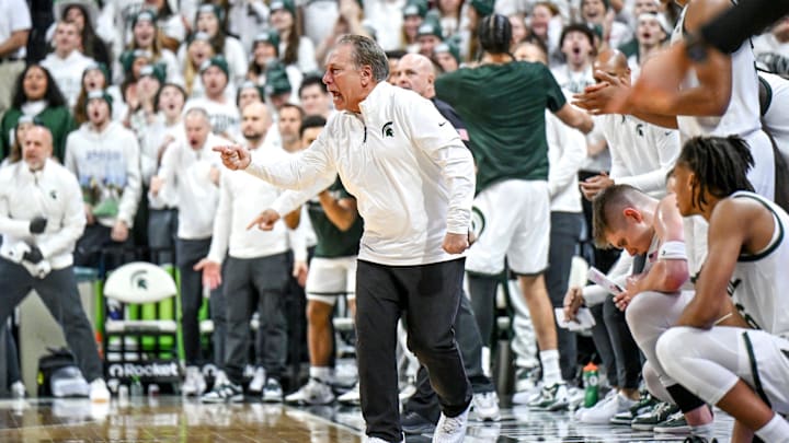 Michigan State's head coach Tom Izzo urges the team to keep rolling against Duke during the first half on Saturday, Dec. 6, 2025, at the Breslin Center in East Lansing. Michigan State's head coach Tom Izzo urges the team to keep rolling against Duke during the first half on Saturday, Dec. 6, 2025, at the Breslin Center in East Lansing.