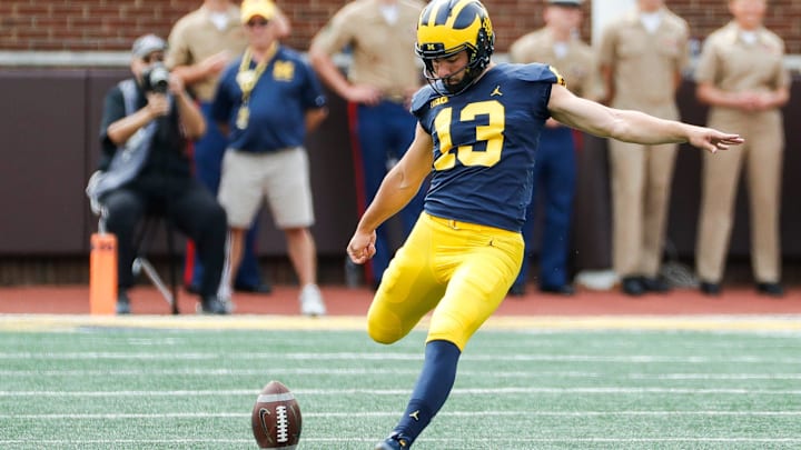 Michigan placekicker Jake Moody (13) 