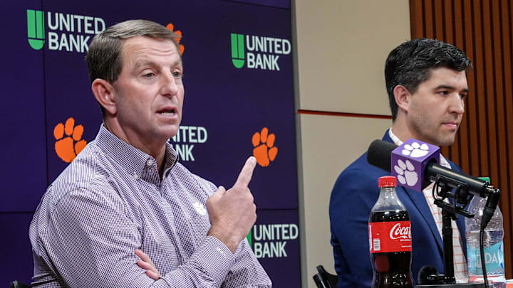 Clemson football Head Coach Dabo Swinney details events of transfer portal Luke Ferrelli and “tampering” with signed players, next to Atheletic Director Graham Neff during a press conference in the Smart Family Media Center in Clemson, SC.
