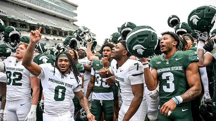 Michigan State sings the fight song at the end of the football Spring Showcase on Saturday, April 18, 2026, at Spartan Stadium in East Lansing. Michigan State sings the fight song at the end of the football Spring Showcase on Saturday, April 18, 2026, at Spartan Stadium in East Lansing.