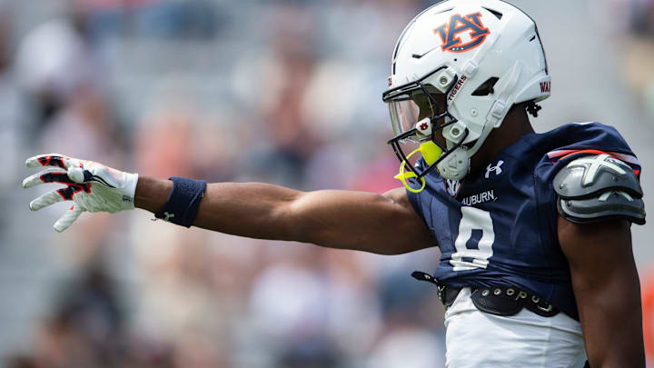 Auburn Tigers wide receiver Cam Coleman (8) celebrates his long reception during the A-Day spring
