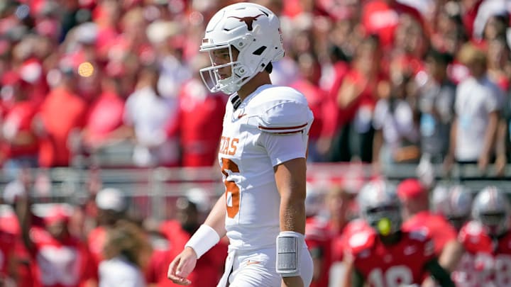 Texas Longhorns quarterback Arch Manning (16) walks back the team huddle against Ohio State Buckeyes in the first quarter of their game at Ohio Stadium in Columbus, Ohio on Aug 30, 2025. Texas Longhorns quarterback Arch Manning (16) walks back the team huddle against Ohio State Buckeyes in the first quarter of their game at Ohio Stadium in Columbus, Ohio on Aug 30, 2025.