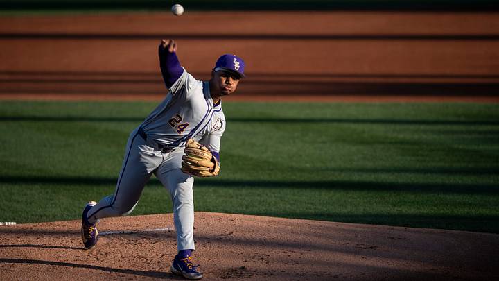 LSU Tigers' Anthony Eyanson (24) pitches the ball as Auburn Tigers take on LSU Tigers at Plainsman Park in Auburn, Ala., on Saturday, April 12, 2025. LSU Tigers' Anthony Eyanson (24) pitches the ball as Auburn Tigers take on LSU Tigers at Plainsman Park in Auburn, Ala., on Saturday, April 12, 2025.