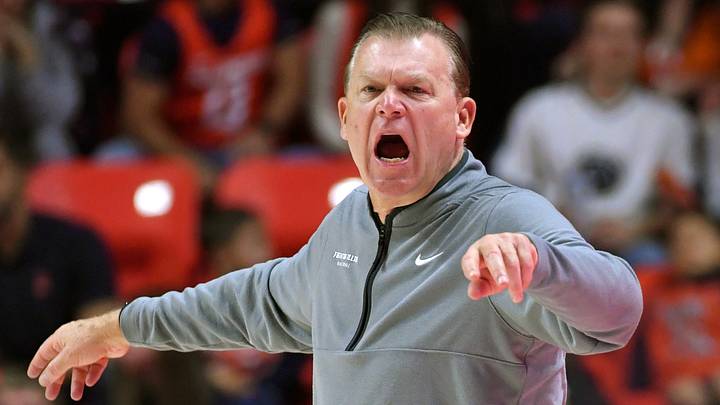 Nov 22, 2025; Champaign, Illinois, USA; Illinois Fighting Illini head coach Brad Underwood reacts during the second half against the Long Island University Sharks at State Farm Center. Mandatory Credit: Ron Johnson-Imagn Images Nov 22, 2025; Champaign, Illinois, USA; Illinois Fighting Illini head coach Brad Underwood reacts during the second half against the Long Island University Sharks at State Farm Center. Mandatory Credit: Ron Johnson-Imagn Images
