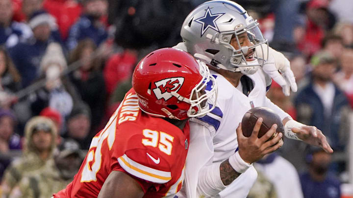 Kansas City Chiefs defensive end Chris Jones sacks Dallas Cowboys quarterback Dak Prescott.