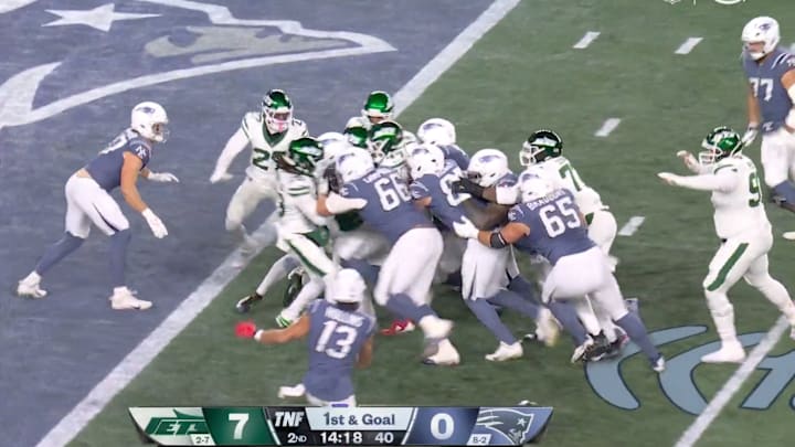 The Patriots pushed in TreVeyon Henderson for a touchdown in the second quarter on Thursday.