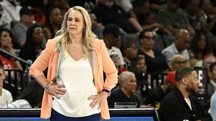 May 30, 2025; Las Vegas, Nevada, USA; Las Vegas Aces head coach Becky Hammon looks on in the first quarter of their game against the Los Angeles Sparks at Michelob Ultra Arena. Mandatory Credit: Candice Ward-Imagn Images