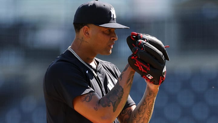 Feb 15, 2025; Tampa, FL, USA; New York Yankees starting pitcher Luis Gil (81) participates in spring training workouts at George M. Steinbrenner Field